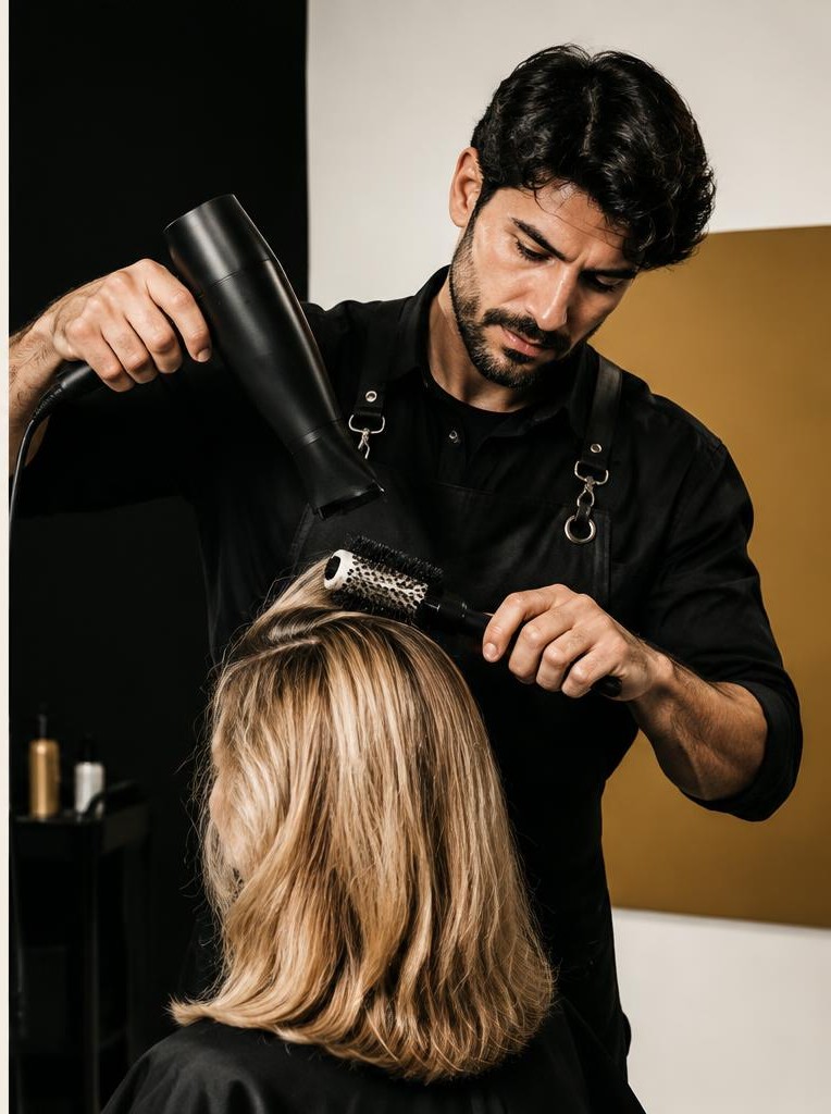 Salon stylist finishing a blowout