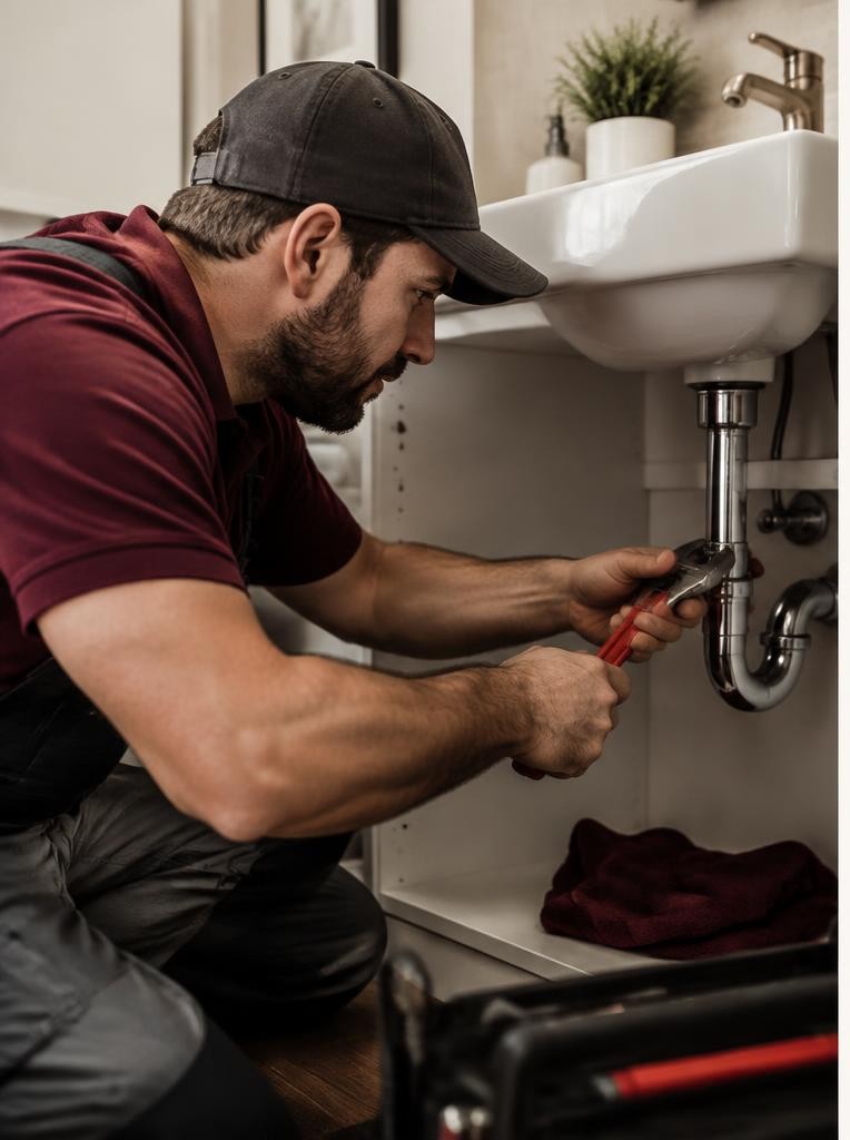 Plumber repairing sink pipes