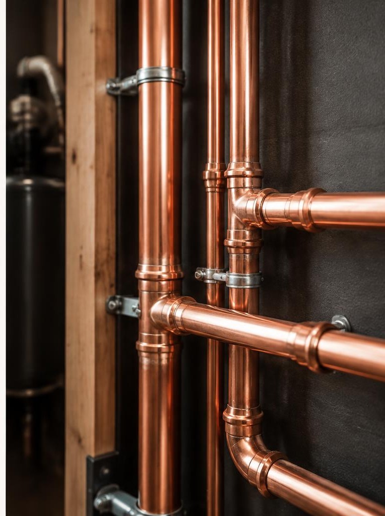 Installed copper plumbing lines