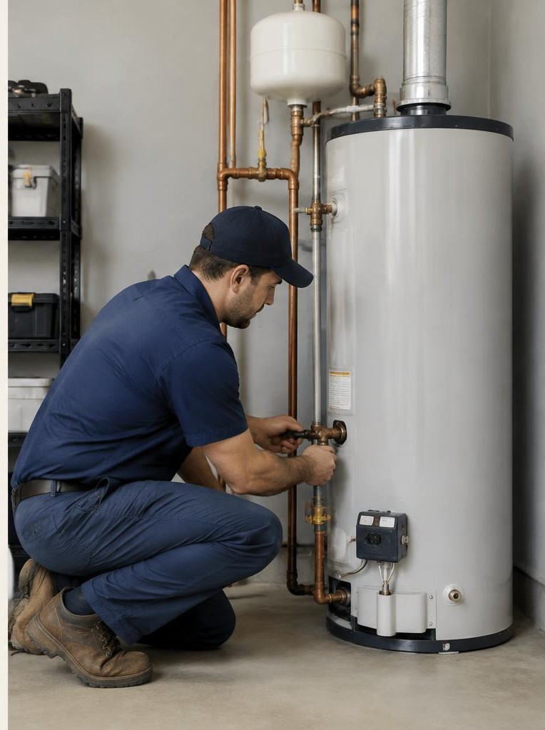 Technician servicing water heater