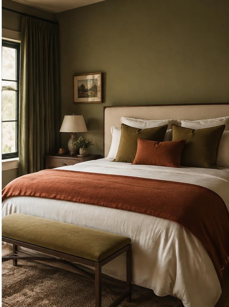 Olive and rust bedroom