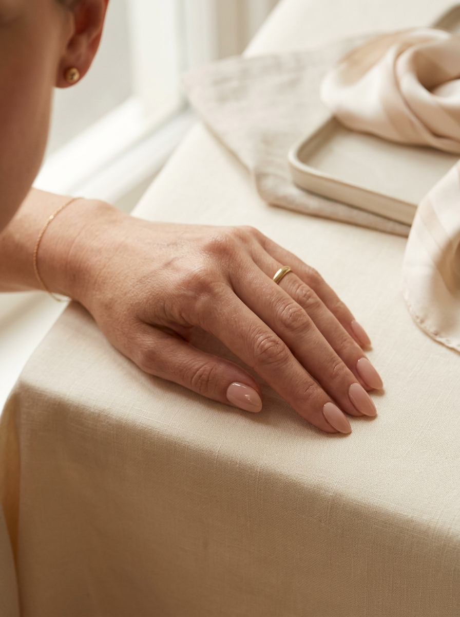 Elegant short nude manicure with fine jewelry