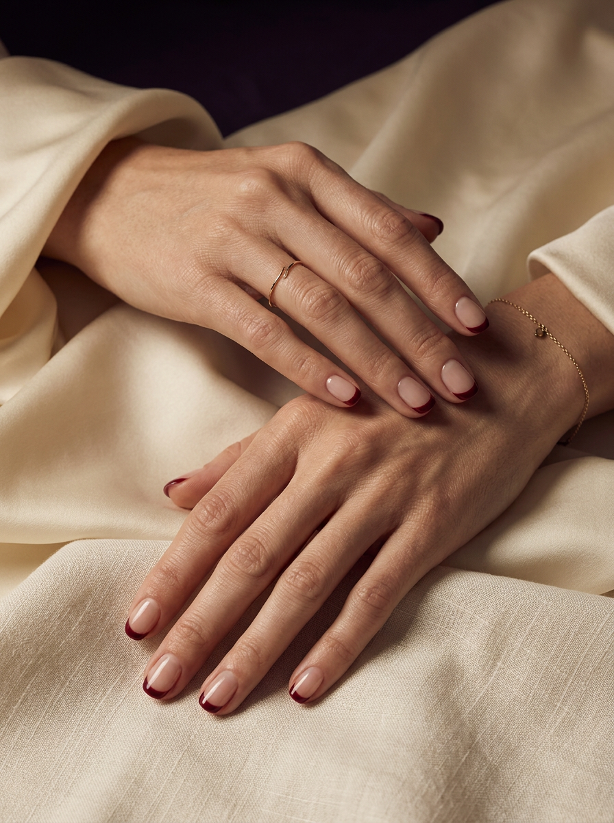 Restrained burgundy French manicure on elegant hands