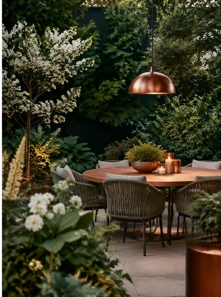 Lush outdoor dining patio